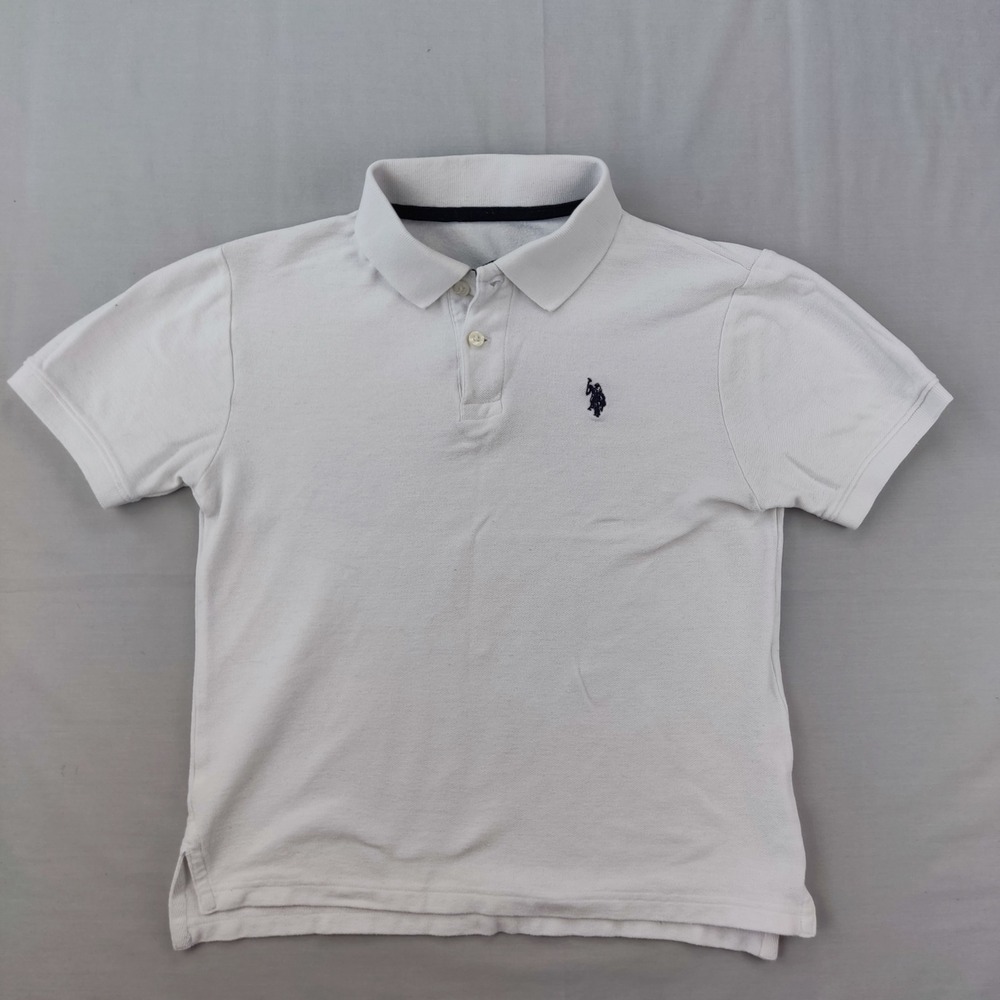 U.S. Polo Assn. Polo Shirt Boys M White Solid Short Sleeve Pique Cotton Logo
